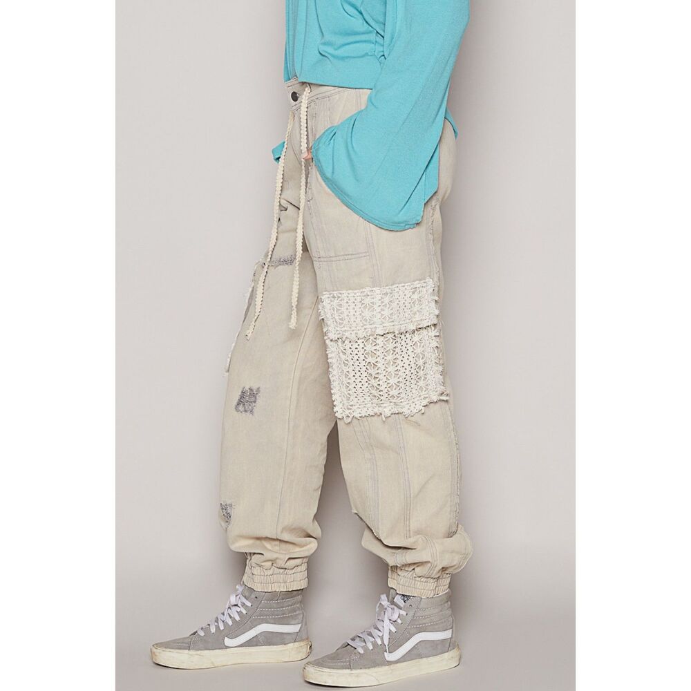 POL Distressed Utility Cargo Pants in Pale Grey - Small